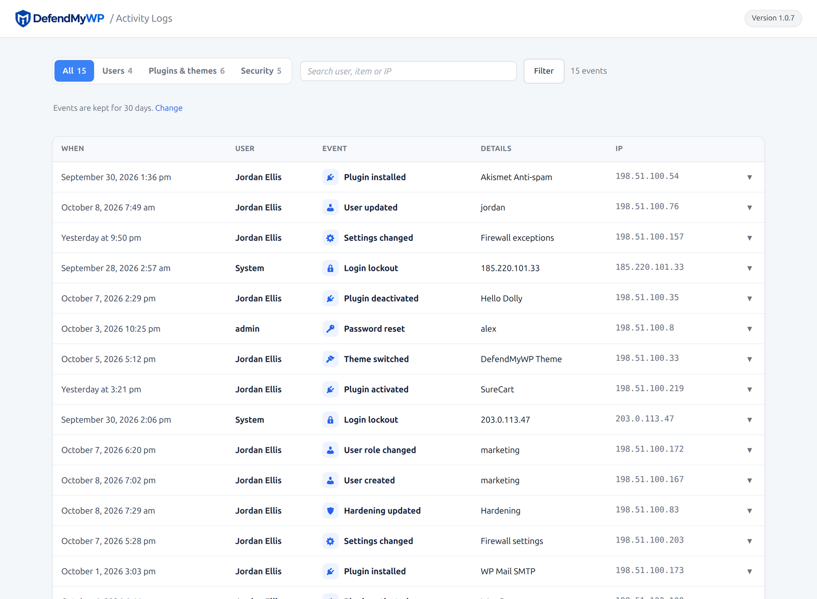 Activity log with filterable user, plugin, theme and security events