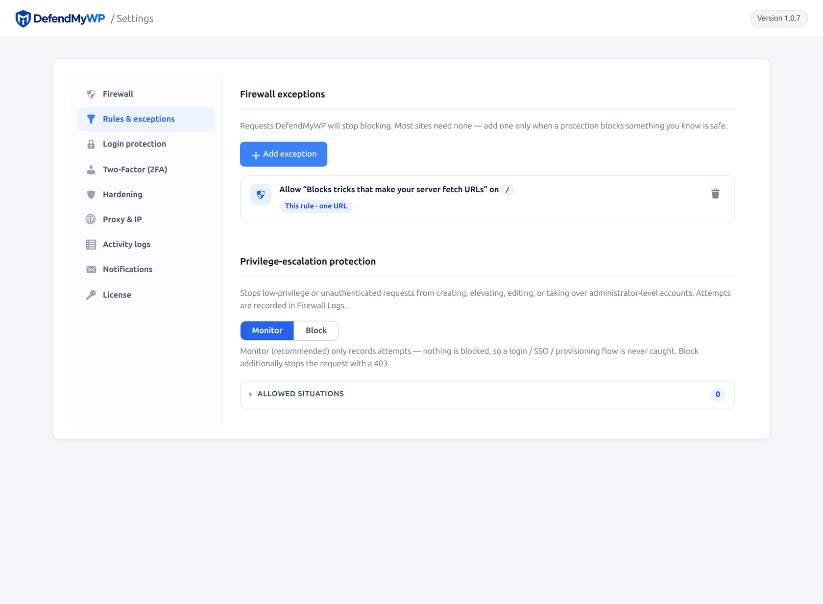 Firewall exceptions and admin-takeover protection settings