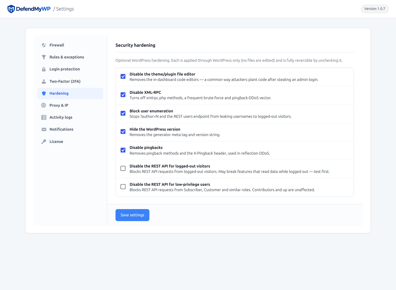 One-click hardening options, each applied reversibly through WordPress
