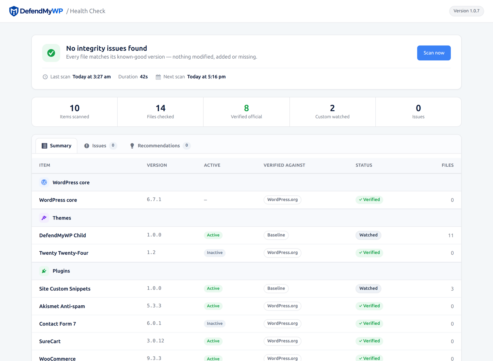 Health Check showing no issues across core, plugins and themes