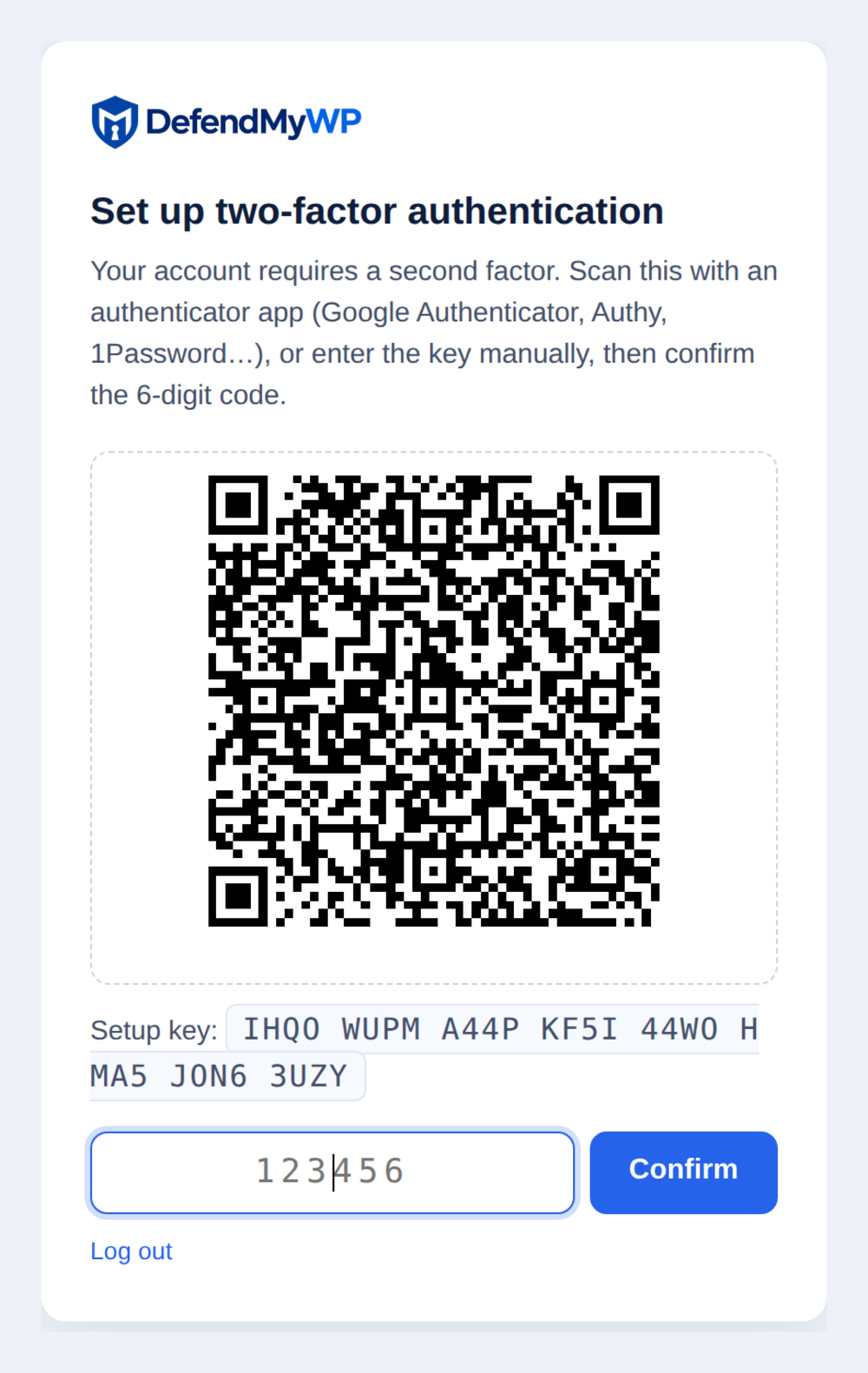 Two-factor authentication setup screen with a QR code and setup key